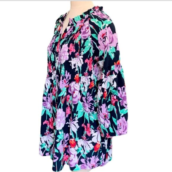Caffe Marrakesh Tunic Top/Mini Dress Floral Smocked Button Front Sz L #17D - Picture 4 of 9